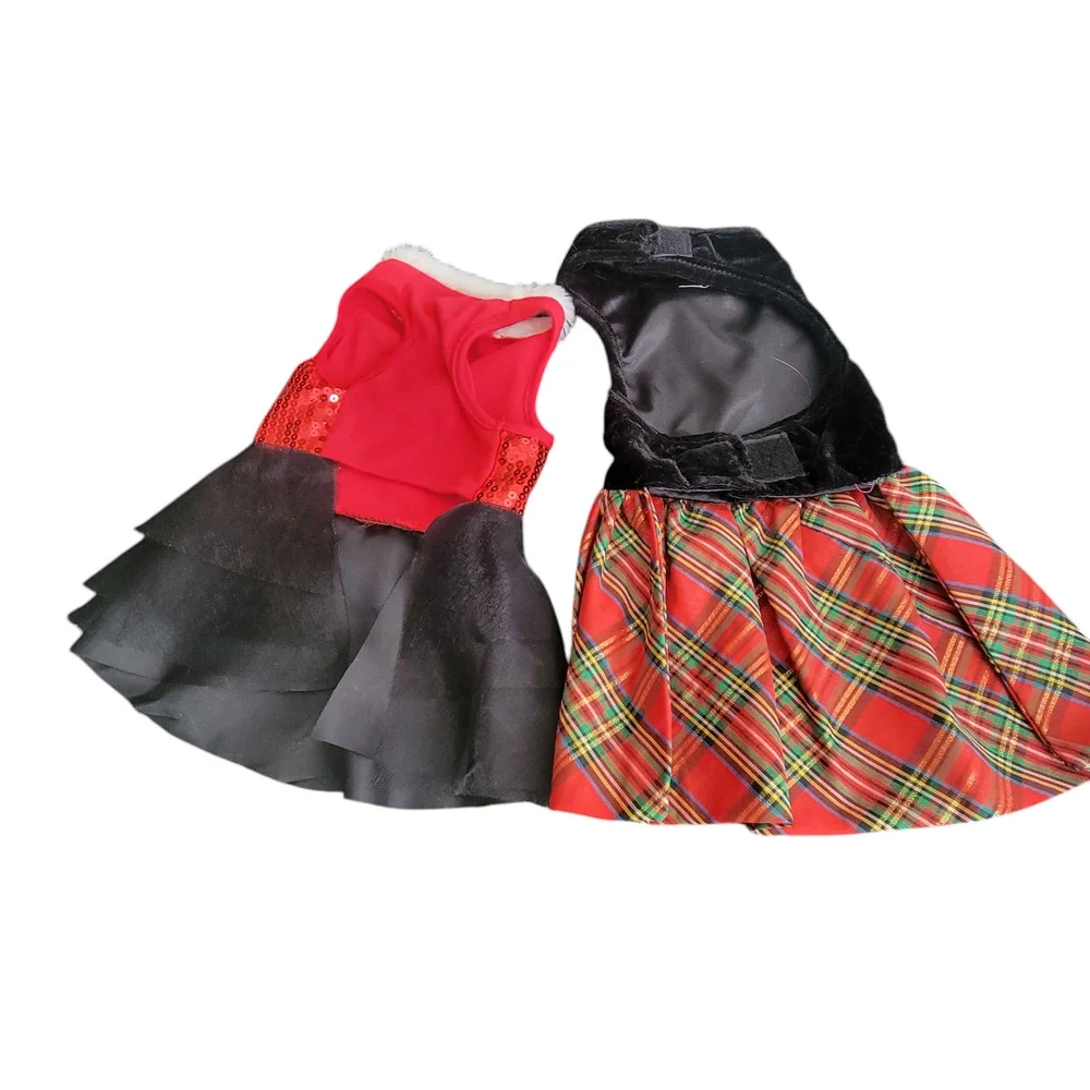 2 Christmas Holiday Party Dog Dress Red Black Sequin Velvet Bows Size Small